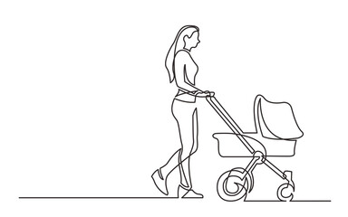 continuous line drawing young woman walking with baby stroller - PNG image with transparent background