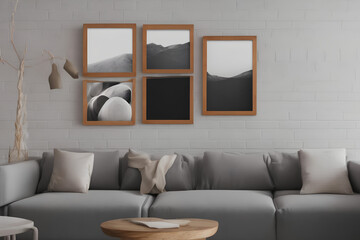white and grey modern living room interior minimalist style photo with wood frames and paintings, generative ai