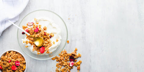 Obraz na płótnie Canvas Granola with Yogurt in a Boal, Healthy Breakfast, Muesli with Dried Berries on Bright Concrete Background