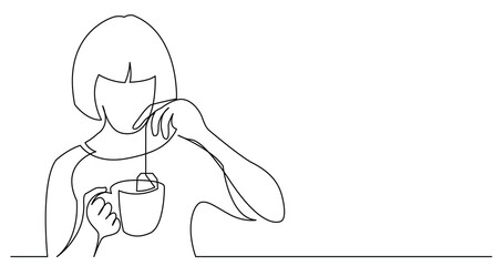 contiuous line drawing of young woman making tea holding tea bag and mug - PNG image with transparent background