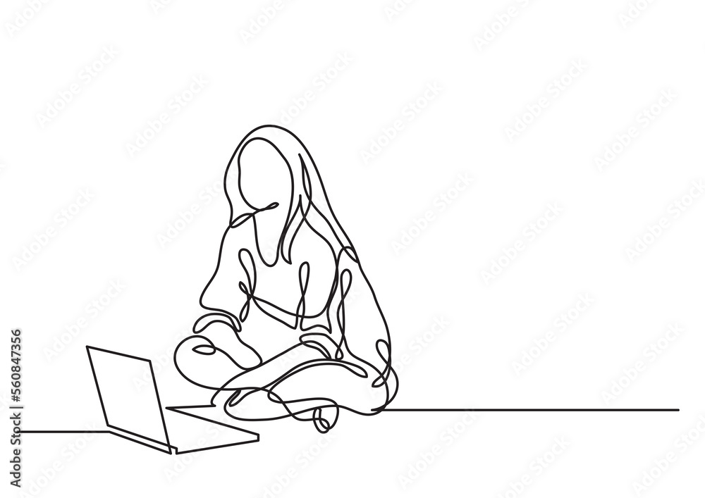 Wall mural one line drawing young woman sitting with laptop - png image with transparent background