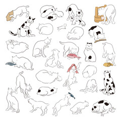日本の様々な仕草をする猫のイラスト。Illustrations of cats making various Japanese gestures.