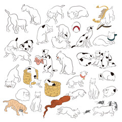 日本の様々な仕草をする猫のイラスト。Illustrations of cats making various Japanese gestures.