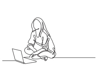 one line drawing young woman sitting with laptop - PNG image with transparent background