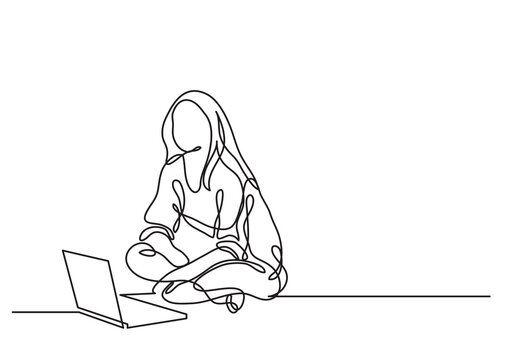 recommend clip art: one line drawing young woman sitting with laptop - PNG image with transparent background