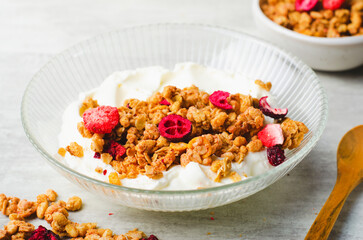 Granola with Yogurt in a Boal, Healthy Breakfast, Muesli with Dried Berries on Bright Concrete Background