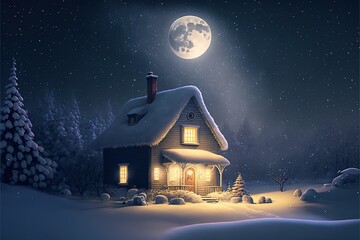 house in the snow at night, glowing milky way in starry sky, generative ai 