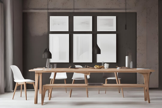 modern dining room interior minimalist style photo with wood frames and paintings, generative ai