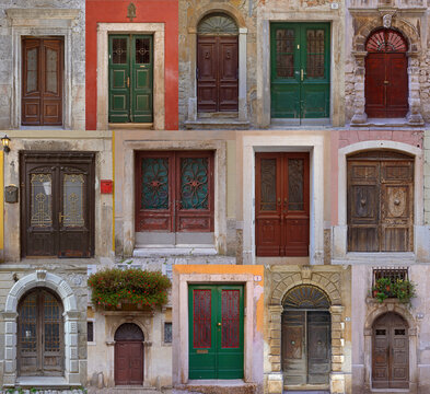 A colorful collage of wooden doors in the ancient city of Rovinj, Croatia