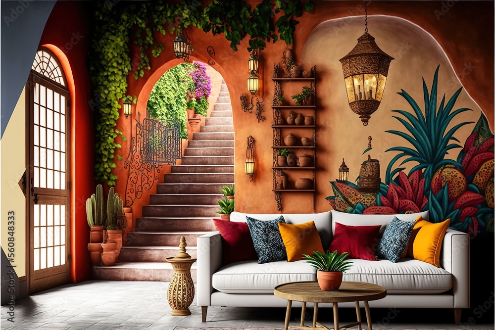 Wall mural traditional mexican interior of living room, mexico. ai