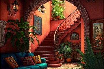 Traditional mexican interior of living room, Mexico. AI