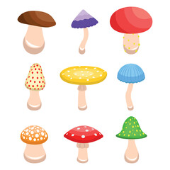 Set of edible and poisonous mushrooms in cartoon style. Vector illustration of colored various mushrooms isolated on white background.