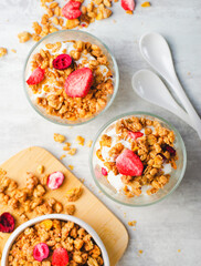 Granola and Yogurt Parfaits, Healthy Breakfast or Snack, Muesli with Dried Berries on Bright Concrete Background