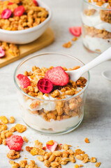 Granola and Yogurt Parfaits, Healthy Breakfast or Snack, Muesli with Dried Berries on Bright Concrete Background