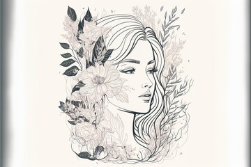 Elegant Feminine Beauty Logo. Abstract face with plants by one line drawing. Portrait minimalistic style. AI