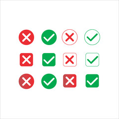 Check mark icon set.  Accepted or rejected, true or false, right or wrong signs , yes or no icons.
