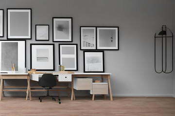 white and grey modern office room interior minimalist style photo with wood frames and paintings, generative ai