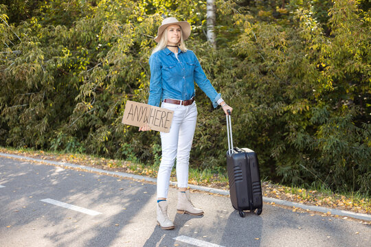 Disappointed, puzzled blond female hitchhiker purse mouth, look for car traffic, hold carton board anywhere with luggage