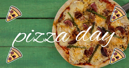 Image of pizza icons and national pizza day text over fresh pizza