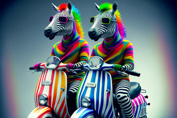 Obraz premium two zebras smiling while driving scoters with psychedelic design