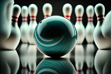 Bowling Kugel trifft auf die Kegel und macht einen Strike