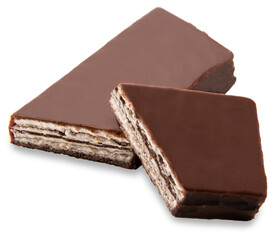 Sponge cake snack covered in dark chocolate filled with milk cream cut in half