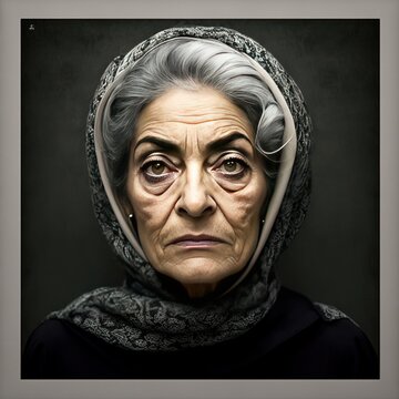 Portrait of a middle eastern senior woman looking at the camera. AI. Image generated with generative AI	