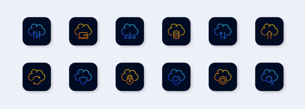 Vector set of linear icons related to network cloud service, cloud storage, data transfer and synchronization. User account for security with payment protection on isolated vector render cloud.