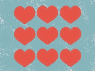 Set of red hearts made with watercolor on sky blue background. Valentine theme.