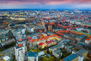 Panoramic view from the drone on the city Katowice. Poland. High quality photo