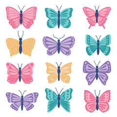 Butterflies set. Flying insects. Hand drawn vector illustration isolated on white background