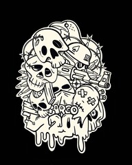 Doodle image against war. Skulls and weapons. Black background - 560852946