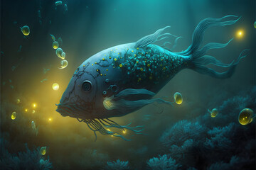 Deep-sea luminous fish in a fabulous underwater world.