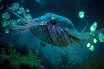 Deep-sea luminous fish in a fabulous underwater world.