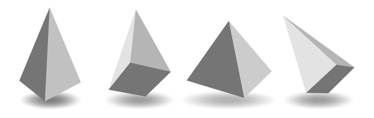 Set of white 3d pyramides with shadows on white background.
