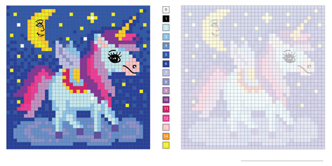 vector pixel illustration, a little unicorn flying across the starry sky, coloring book, embroidery design, mosaic, creativity, motor skills and imagination development