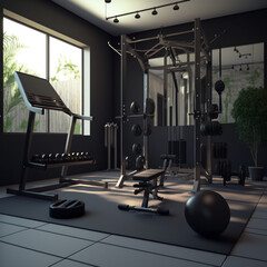 Fototapeta na wymiar Interior of a gym with gym equipment. Generative AI.
