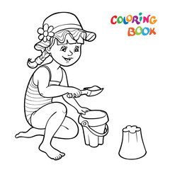Coloring page. A happy girl in panama hat play in the sand and toys.