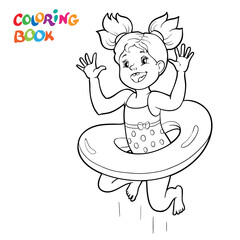 coloring page. Joyful girl is jumping