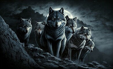 illustration, pack of wolves in full moon, image generated by AI - obrazy, fototapety, plakaty