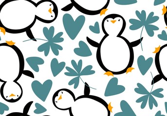 Cartoon animals seamless cute penguin witch clover pattern for kids accessories and fashion clothes print
