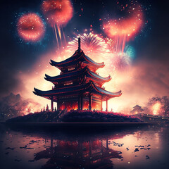 Building with Chinese architecture during Chinese New Year with fireworks. Generative AI.