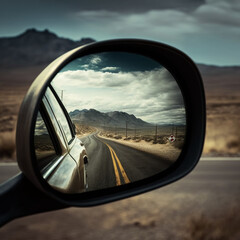 Rearview mirror of a car. Generative AI.