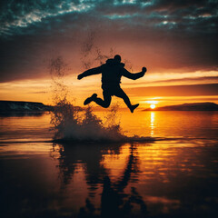 Fototapeta na wymiar Man jumping into the sea at sunset. Generative AI.
