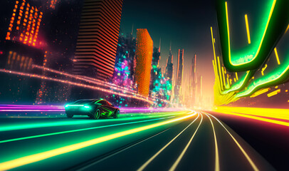 Fototapeta premium Speeding Sports Car On Neon Highway. Powerful acceleration of a supercar on a night track with colorful lights and trails. Lights of cars with night, long exposure. 