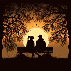 Fototapeta na wymiar Couple in love sitting on a bench at sunset. Generative AI.