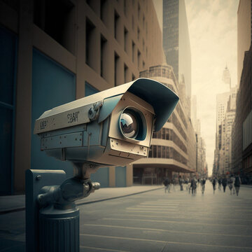 Camera watching some citizens in the city. Video surveillance control concept. Generative AI.