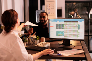 Woman analyzing fund market investment revenue in coworking space, broker looking at global stock exchange statistics on computer screen. Financial analytics analysis, company income diagram
