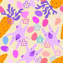 Cartoon animals seamless Easter eggs and rabbit bunnies pattern for wrapping paper and kids clothes print