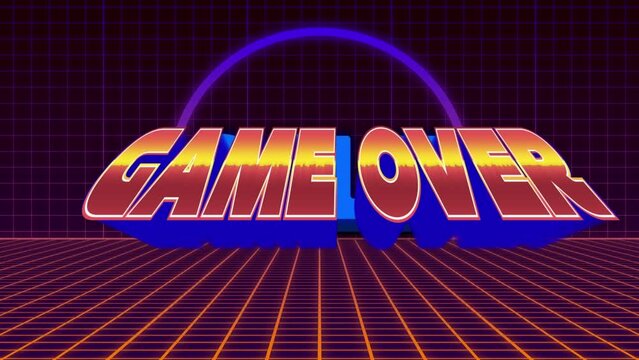 Animation of game over retro text over neon abstract shapes